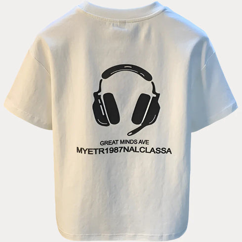 Graphic streetwear tee with headphone print, O-neck, short sleeves, breathable knit fabric.